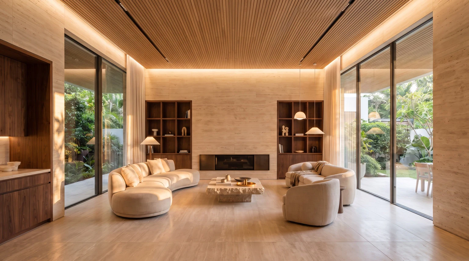 Golden-hour ışığında tamamlanmış, malzemeleri görünür salon konsepti.